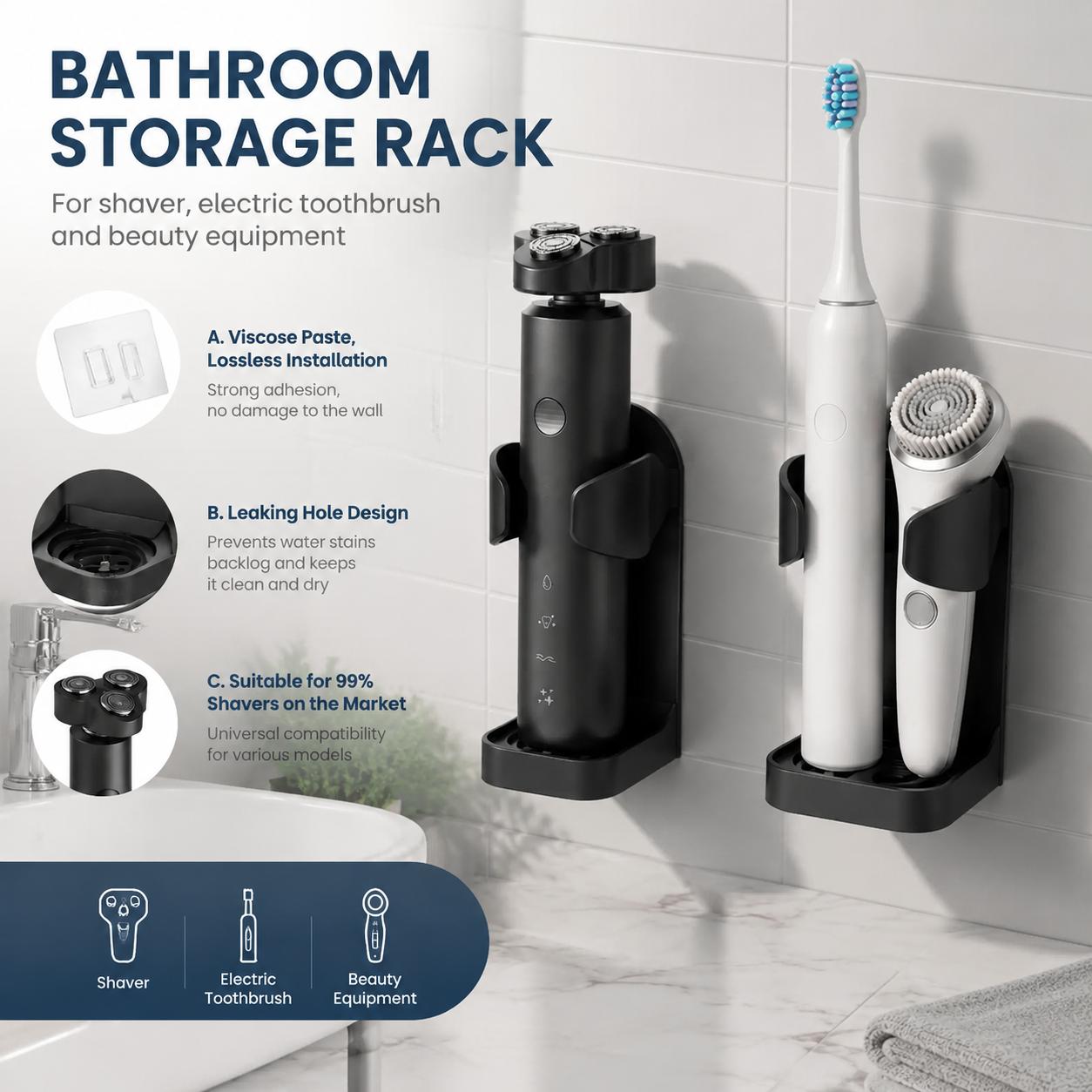 Home Essentials Bathroom Rack - حامل فرشاة أسنان ذاتي اللصق بدون