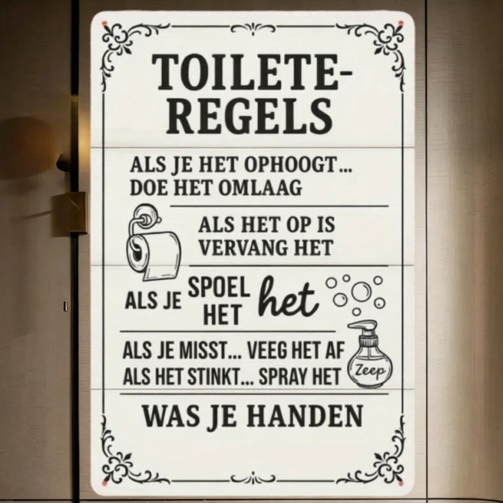 Home Bathroom Etiquette - لافتة معدنية بتصميم قواعد الحمام الهولندية